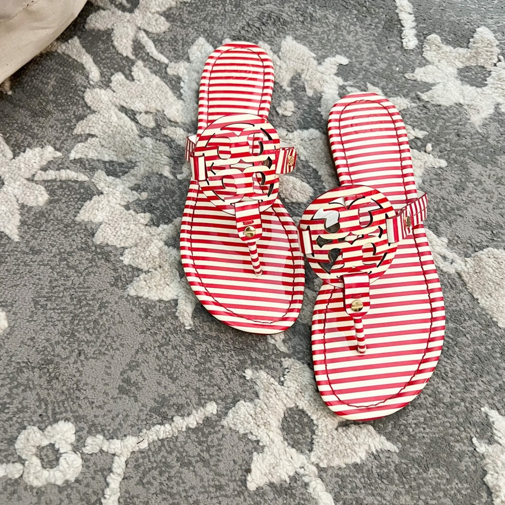 Authentic Tory Burch Red and White Striped Millers. Size 7.5. EUC